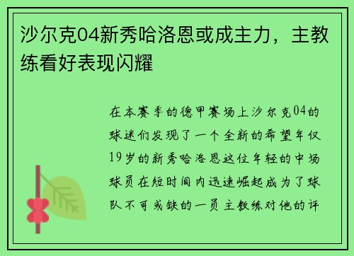 沙尔克04新秀哈洛恩或成主力，主教练看好表现闪耀
